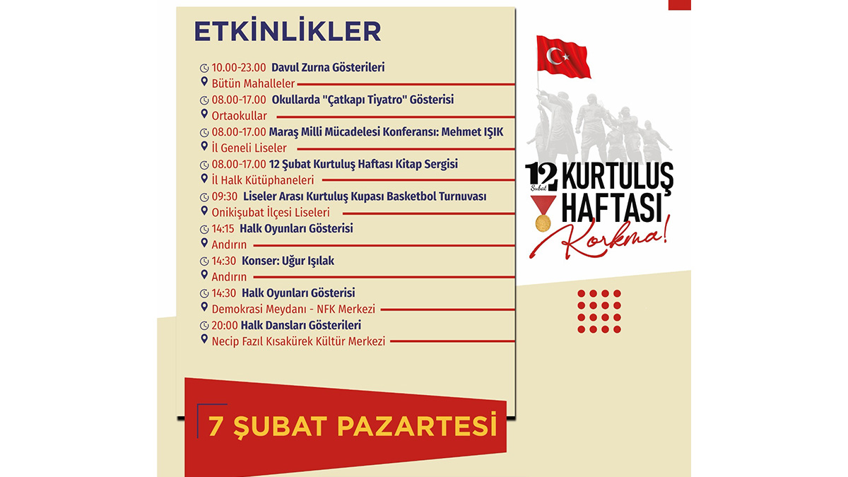 Kurtuluş Haftası etkinlikleri kapsamında 7 Şubat Pazartesi günü (yarın) davul