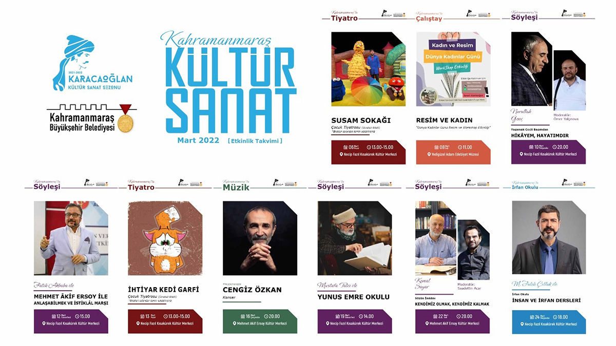Kahramanmaraş Büyükşehir Belediyesi Mart Kültür Sanat Etkinlikleri takvimi belli oldu.