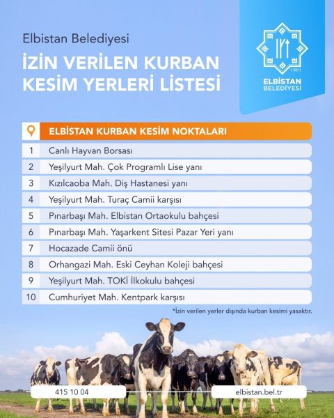 Elbistan’da, ilçe merkezinde kurban kesim alanlarını belirlendi. Vatandaşlar, belirlenen 10