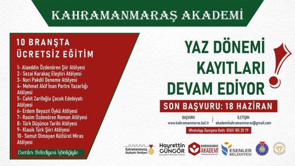 Büyükşehir Belediyesi’nin düzenlediği Kahramanmaraş Akademi’de yeni dönem kayıtları devam ediyor.