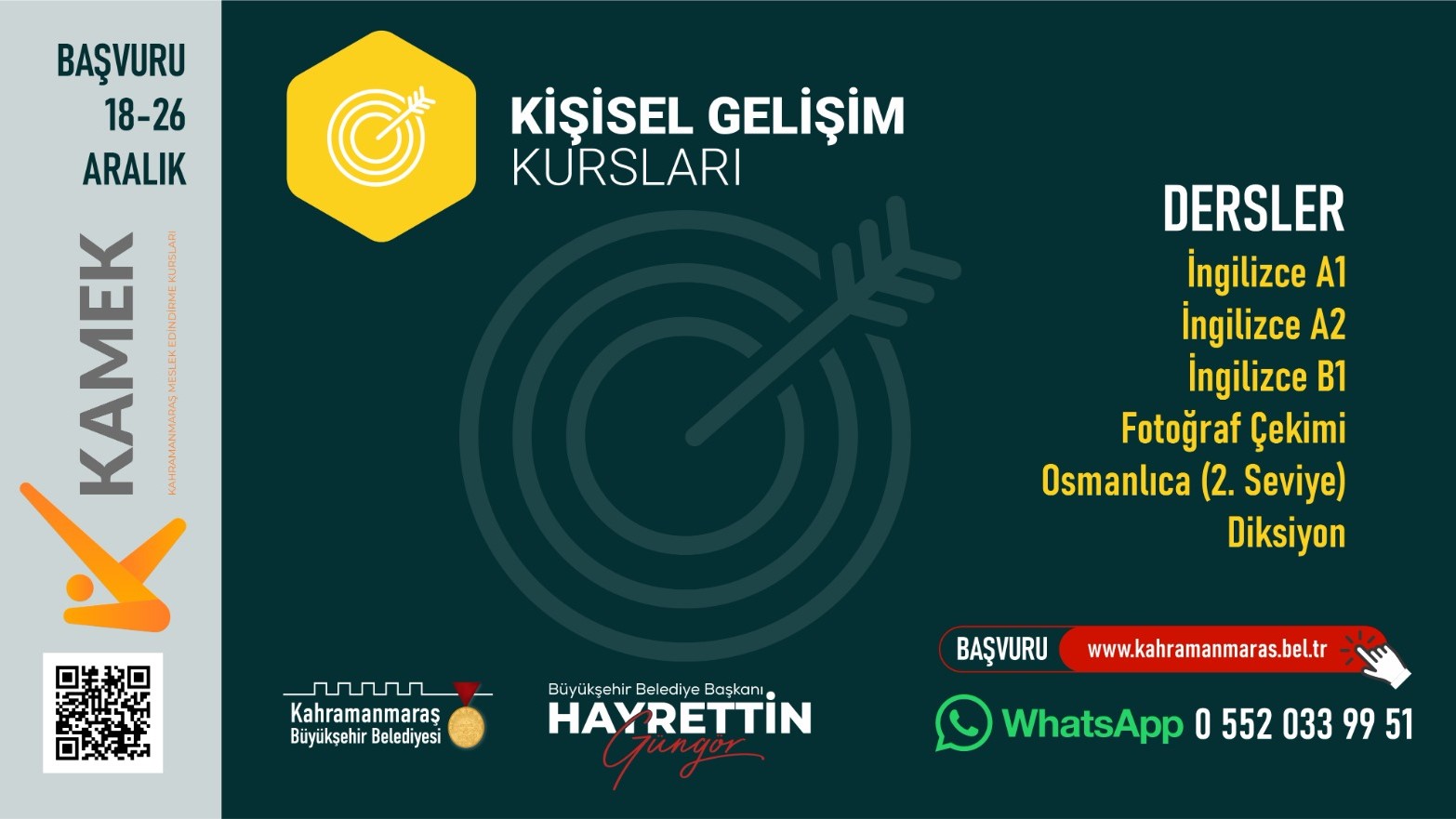 Büyükşehir Belediyesinin düzenlediği KAMEK’te; İngilizce A1, A2 ve B1, Osmanlıca,