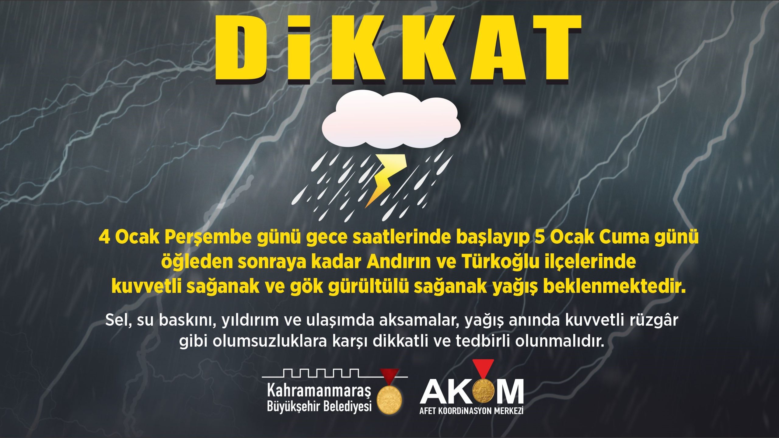 Andırın ve Türkoğlu’nda Sağanak Yağış Uyarısı! Büyükşehir Belediyesi Afet Koordinasyon Merkezi (AKOM), Andırın ve Türkoğlu ilçelerinde