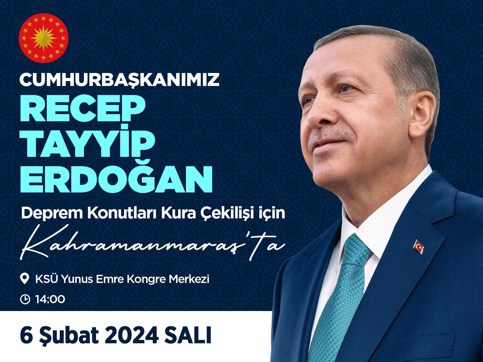 Cumhurbaşkanı Recep Tayyip Erdoğan, 6 Şubat Salı günü Kahramanmaraş’a gelerek