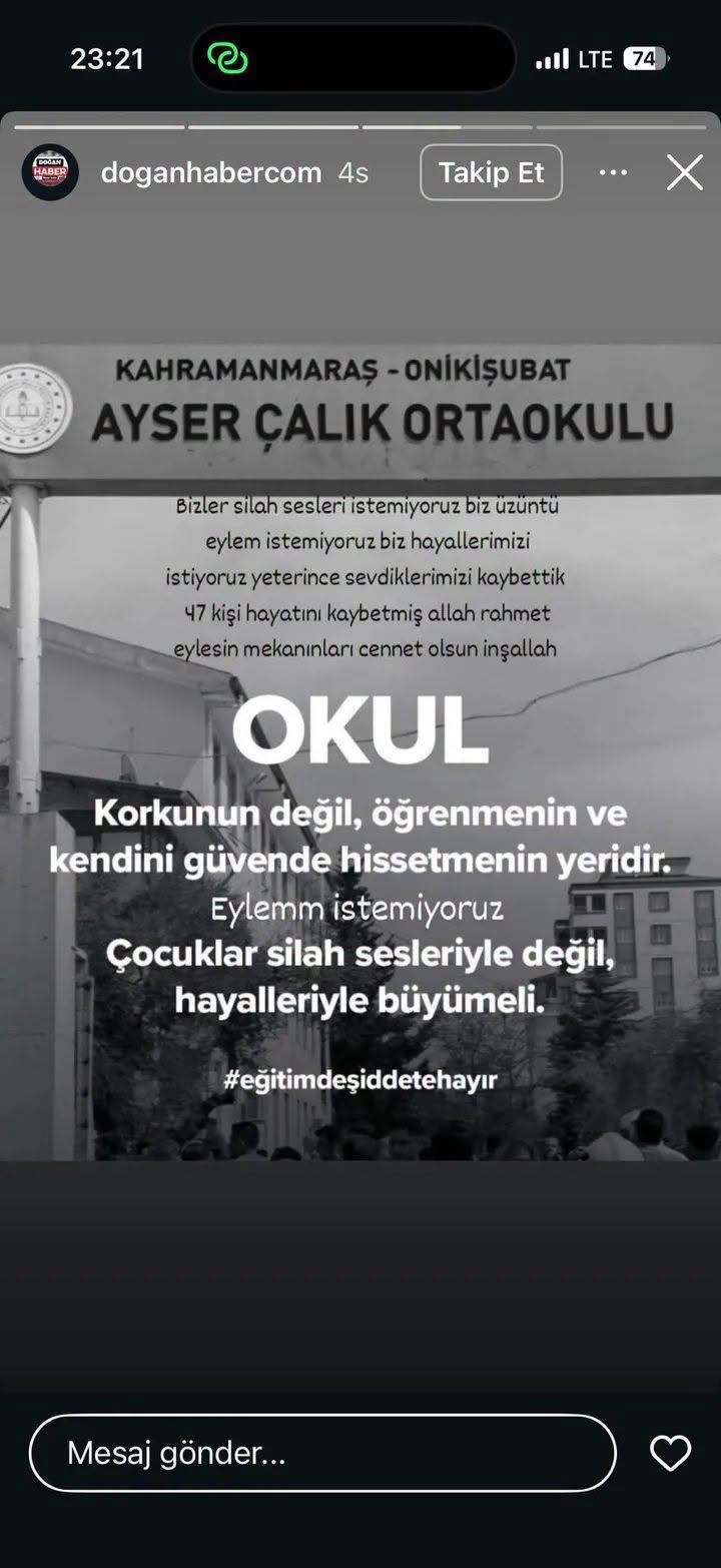 Kahramanmaraş’ın Onikişubat ilçesinde bulunan Ayser Çalık Ortaokulu’nda meydana gelen elim